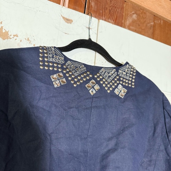 Chico's Embellished Blazer Navy Blue Open Front Linen Blend Size 3 / Large Jewel - Picture 7 of 10